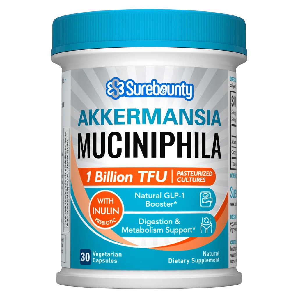Akkermansia Probiotic GLP-1, 1 Billion TFU, Akkermansia Muciniphila with Prebiotic Inulin, for Men & Women, Vegan, Non-GMO, 30 Caps