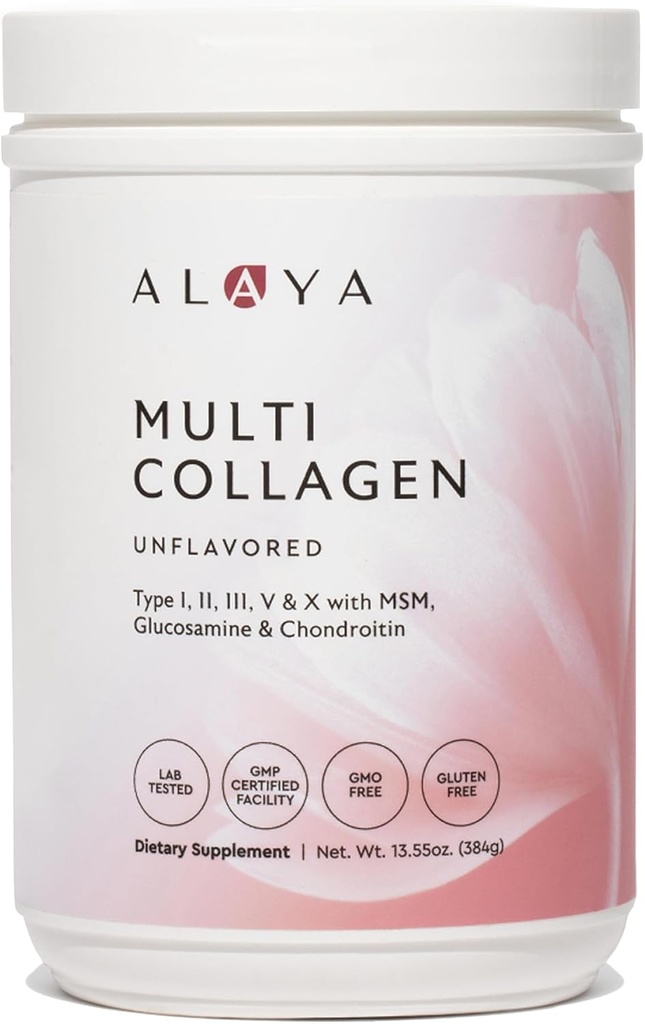 Alaya Multi Collagen Powder - Type I, II, III, V, X Hydrolyzed Collagen Peptides Protein Peptides Supplement with MSM + GC (Unflaved) (40 Servings)