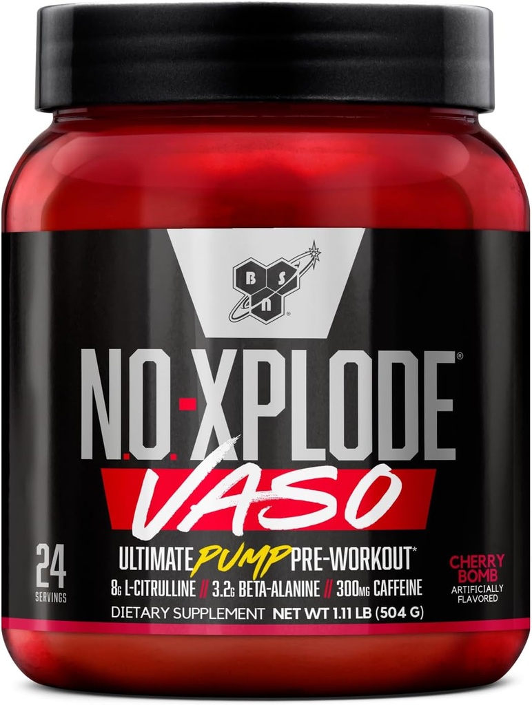 BSN N.O.-XPLODE Vaso Pre Workout Powder με 8g L-Citrulline και 3,2g Beta-Alanine and Energy, Flavor: Cherry Bomb, 24 Services