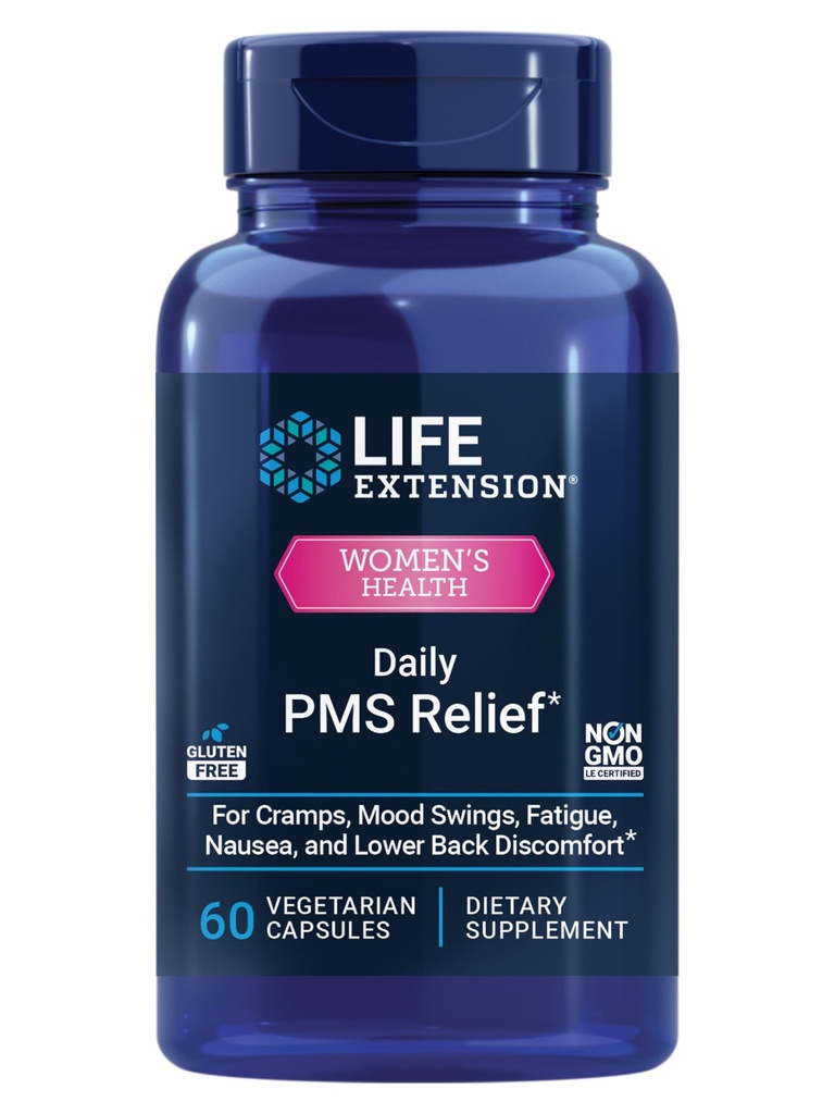 Life Extension Daily PMS Relief, Menstrual Comfort Supplement, PMS-Related Cramps, Lower Back discomfort, Mood, Ginger, Magnesium, B6, Gluten-Free, Non-GMO, 60 Capsules