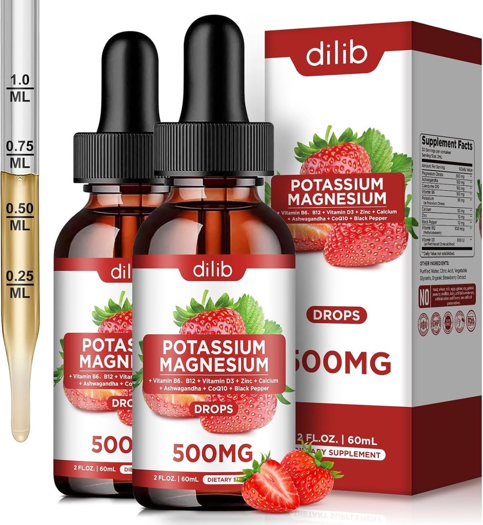 Συμπληρώματα κιτρικού μαγνησίου κάλιου, σταγόνες υγρού κιτρικού μαγνησίου 500mg με Ashwagandha, ασβέστιο, ψευδάργυρο, βιταμίνη D3, B6, B12, CoQ10 - Υποστηρίξτε την ηρεμία & οστά & μυς & ανοσοποιητική υγεία Vegan 2 Pack