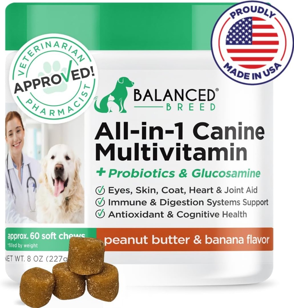 Balanced Breed All-in-1 Dog Vitamins Supplements Made in USA Vet-Pharmacist Approved Dog Multivitamin Probiotics Glucosamine Chondroitin Dogs Salmon Oil Skin Coat Immune Senior Dogs Supplement NonGMO