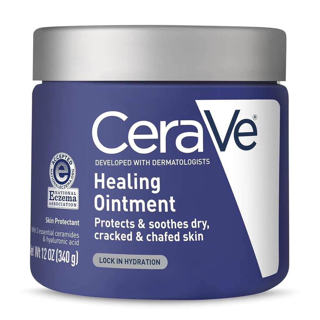 CeraVe healing Aintment, Hydrating Skin Protectant with Petrolatum, Hyaluronic Acid & Ceramides, Face & Body Skin Barrier Repair for Cracked, Chafed, Dry Skin, Fragrance Free & Lanolin Free, 12 Oz