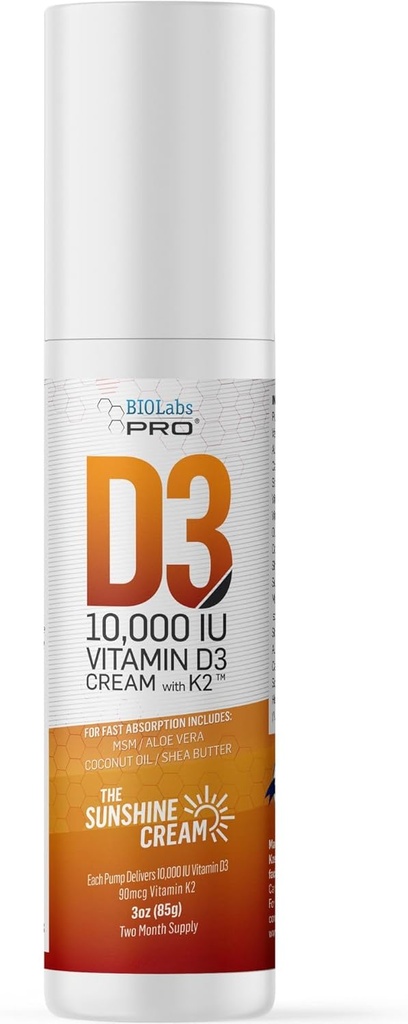 BIOLABS PRO All Natural Vitamin D3 10000IU Vitamin D Cream - Maximum Strength - Καταπολέμηση της ανεπάρκειας βιταμίνης D Φυσικά - με εκχύλισμα βιταμίνης K2 & φύλλων ελιάς - Ασφαλής & αποτελεσματική (10.000IU - 3.0oz)