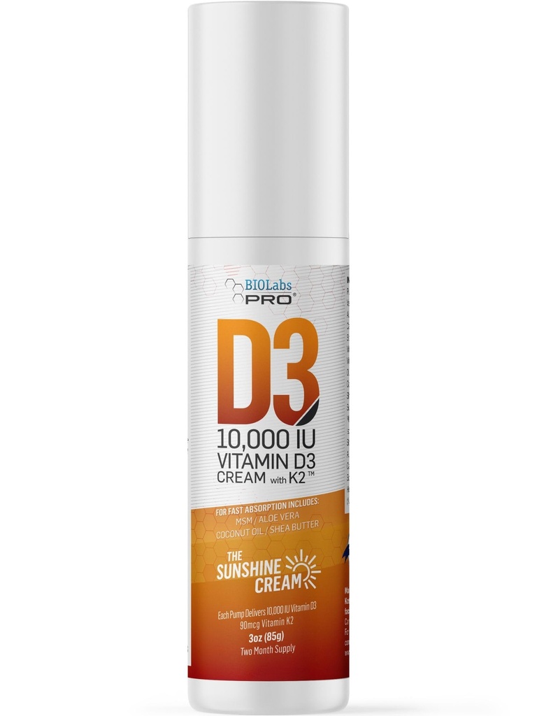 BIOLABS PRO All Natural Vitamin D3 10000IU Vitamin D Cream - Maximum Strength - Καταπολέμηση της ανεπάρκειας βιταμίνης D Φυσικά - με εκχύλισμα βιταμίνης K2 & φύλλων ελιάς - Ασφαλής & αποτελεσματική (10.000IU - 3.0oz)