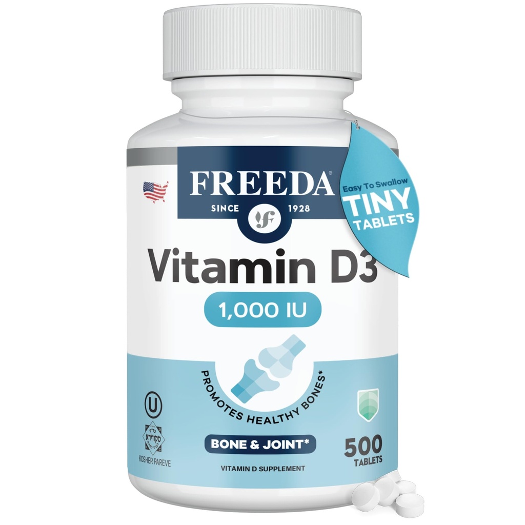 FREEDA Pure Vitamin D3 1000 IU – Daily Maintenance Dose – Bone Health, Joint, Muscle & Immune Support – Vit D3 Vitamin D Supplement for Women & Men – 25 mcg 1,000 IU Easy-to-Swallow (500 Tiny Tablets)