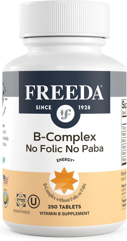 Freeda Vitamin B Complex No Folic No PABA - Super B Complex Kosher Vitamin Supplement with Vitamin B1 Vitamin B2 Vitamin B3 Vitamin B5 Vitamin B6 Vitamin B12 - Vit B Complex B for Women & Men (250 Ct)
