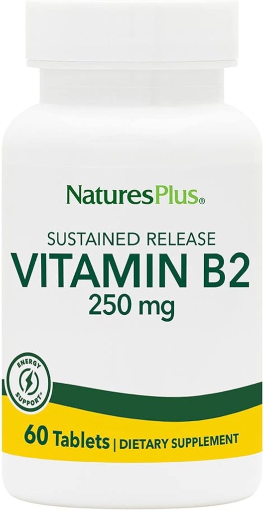 NaturesPlus Vitamin B2 (Riboflavin) - 250 mg, 60 χορτοφαγικά δισκία, Παρατεταμένη απελευθέρωση - Φυσική Ενέργεια & Αναμνηστικό Μεταβολισμού, Προάγει τη συνολική υγεία - Χωρίς γλουτένη - 60 εξυπηρετήσεις