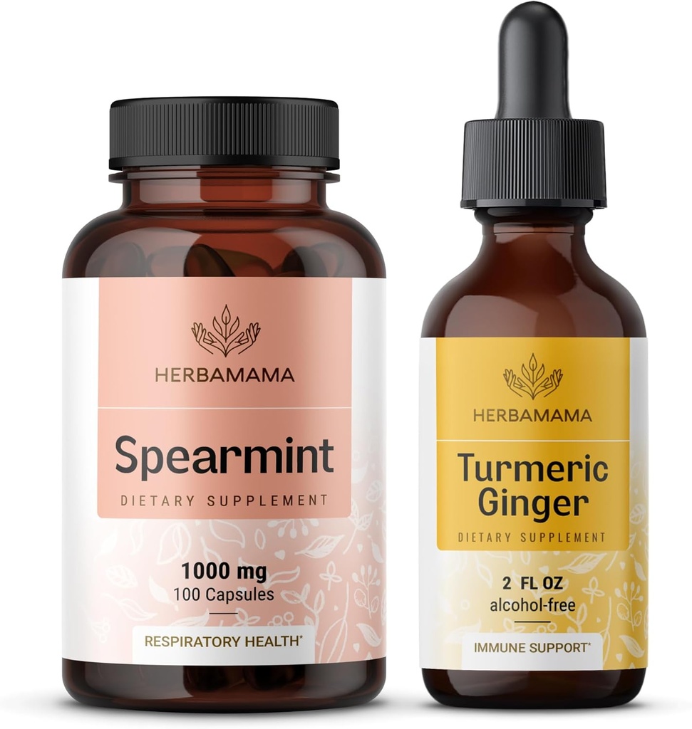 HERBAMAMA Spearmint και Turmeric Ginger Kit - Bundle 1000 mg Spearmint Leaf Caps & Turmeric Ginger Βάμμα 2 fl oz - Vegan, μη-GMO, Ζάχαρη & Αλκοόλ- Δωρεάν - 2 Pack