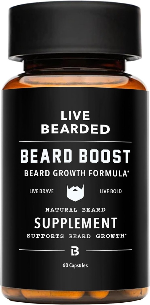Live Bearded Beard Boost - Γενετικές βιταμίνες ανάπτυξης για τους άνδρες με Biotin, Collagen, Silica, Fo-Ti Root - Ανάπτυξη μαλλιών προσώπου για τους άνδρες, Made in The USA 30-Day Supply