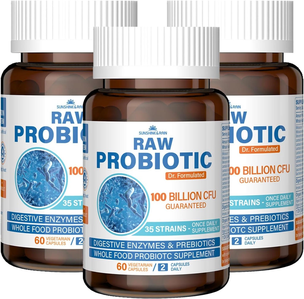 Raw Probiotics for Women & Men - 100 Billion CFU, 35 Strains, Organic Prebiotics & Natural Digestive Enzymes for Digestive, Gut & Immune Health - Soy and Gluten Free, Non-GMO, 180 Vegan Capsules