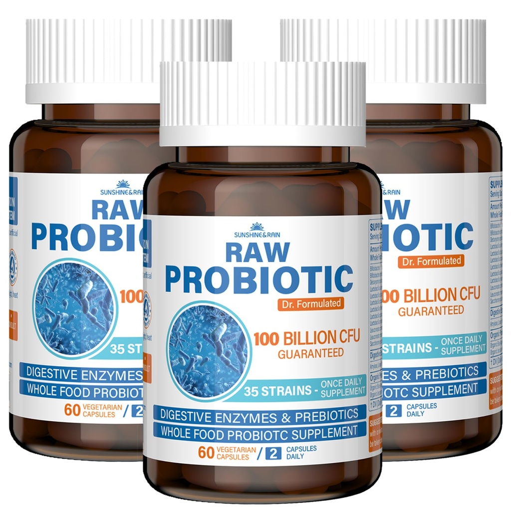 Raw Probiotics for Women & Men - 100 Billion CFU, 35 Strains, Organic Prebiotics & Natural Digestive Enzymes for Digestive, Gut & Immune Health - Soy and Gluten Free, Non-GMO, 180 Vegan Capsules