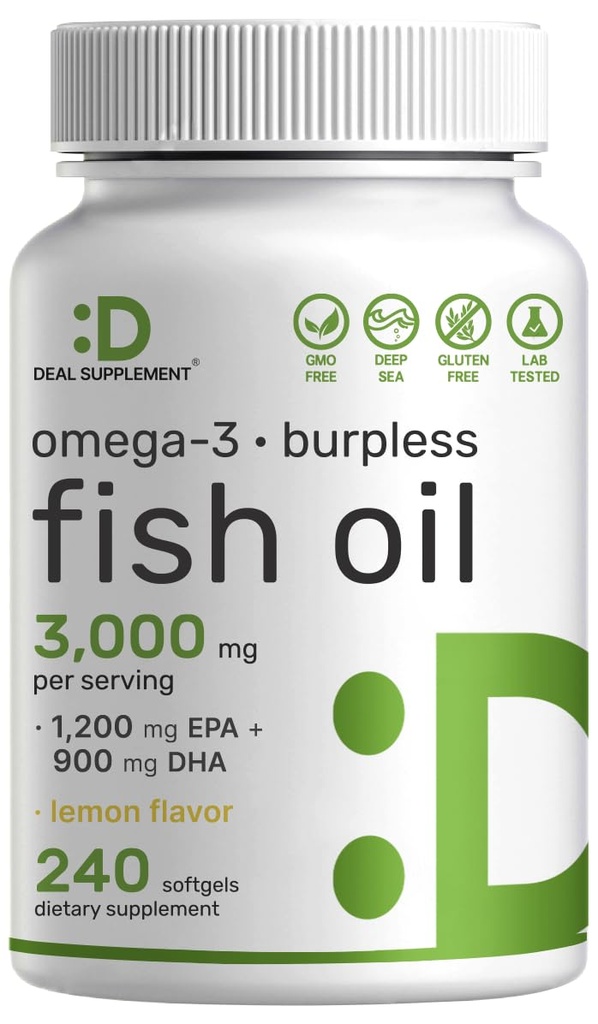 ΛΕΠΤΟΜΕΡΗΣ ΣΥΜΠΛΗΡΩΜΑ Ωμέγα 3 Fish Oil Συμπληρώματα, 3.000mg ανά υπηρεσία, 240 Softgels – EPA 1.200mg + DHA 900mg – Χάπια χωρίς Burpless, Λεμόνι Γεύση, Άγρια Παγωμένη – Εγκέφαλος & Καρδιά Υποστήριξη – Ερμής Χωρίς, Μη ΓΤΟ