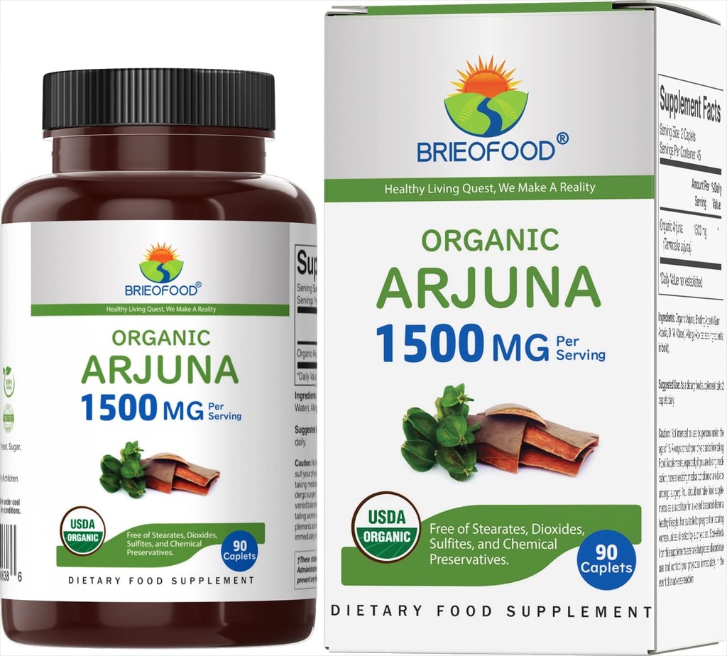 Brieofood Organic Arjuna 1500mg, 45 μερίδες, χορτοφάγοι, χωρίς γλουτένη, 90 χορτοφαγικά δισκία