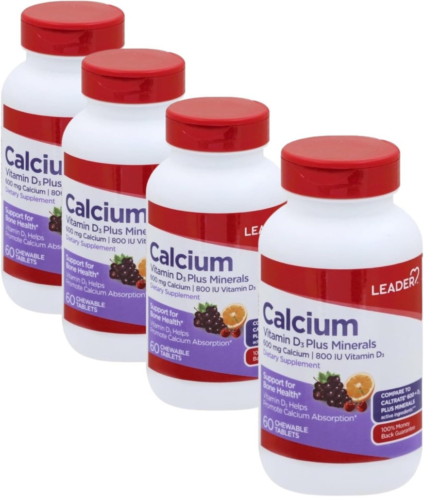 Leader Calcium Vitamin D3 Plus Minerals, Bone Health Supplement with Magnesium & Zinc, Supports Strong Bones & Teeth, Enhanced Absorption, Cherry, Orange & Fruit Punch Flavor, 60 Chewable Tabs 4-Pack