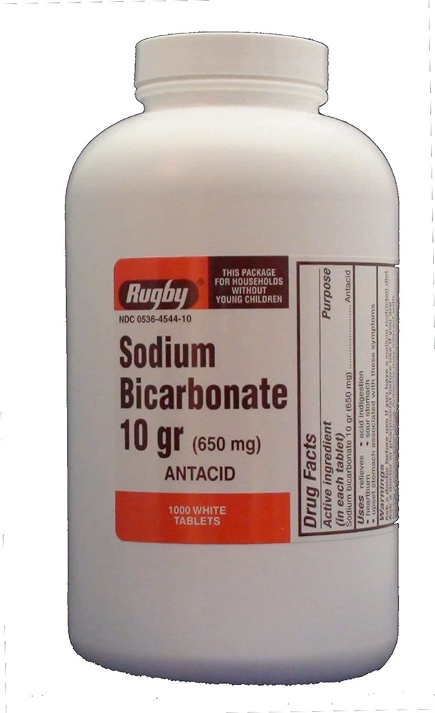 Rugby Sodium Bicarb 10 g Tab – Sodium Bicarbonate 650 mg, White, 1000 Tablets (UPC 305361047108)