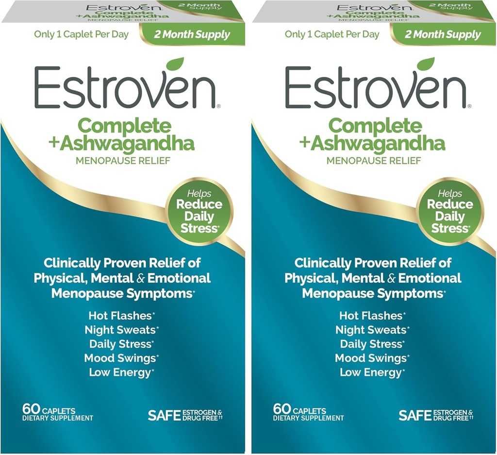 Estroven Complete + Ashwagandha Multi-Συμπτώματα Εμμηνόπαυση συμπλήρωμα για τις γυναίκες - Κλινικά Αποδεδειγμένα συστατικά Παρέχετε Εμμηνόπαυση Ανακούφιση & Νυχτερινές Ιδρώσεις + Hot Flash Relief* - 4 Μήνες Προμήθεια (Pack of 2)