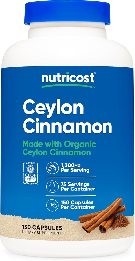 Nutricost Βιολογική Κανέλα (Ceylon Cinnamon) 1.200mg Σερβίρισμα, 150 κάψουλες - Χωρίς γλουτένη, Μη ΓΤΟ