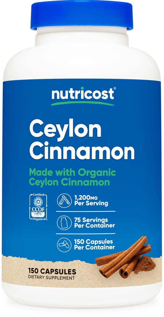 Nutricost Βιολογική Κανέλα (Ceylon Cinnamon) 1.200mg Σερβίρισμα, 150 κάψουλες - Χωρίς γλουτένη, Μη ΓΤΟ
