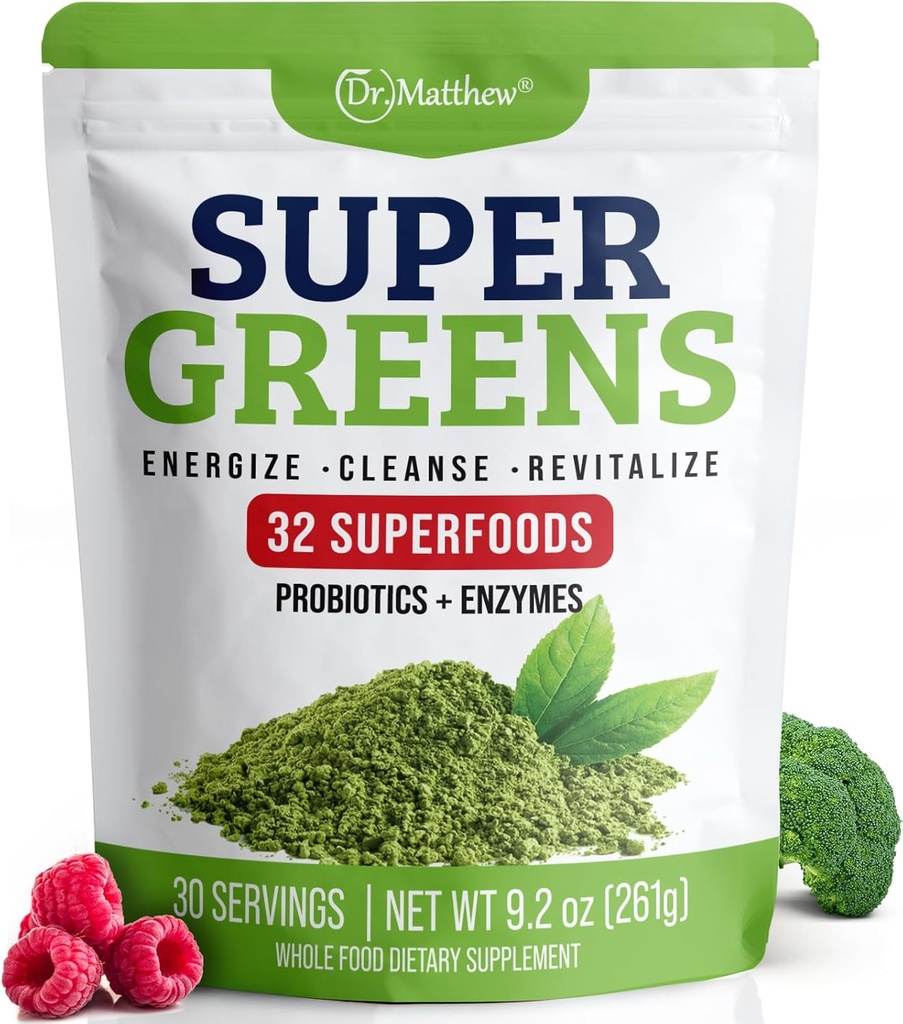 Πράσινη σκόνη χυμό. Supergreens Superfood Powder. Αποτοξινωμένοι Πράσινοι για Μπλότινγκ και Ντιτζέσιον. Veggie Σκόνη με Προβιοτικά & Ένζυμα. Chlorella, Spirulina, Σιτάρι Grass, Ashwagandha. 32 Υπερτροφές