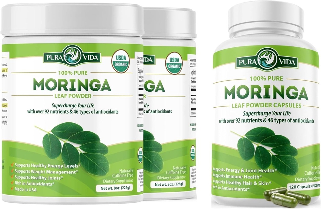PURA VIDA MORINGA Σκόνη 8 oz. (πακέτο των 2) Καψάκια (120 κόμης)