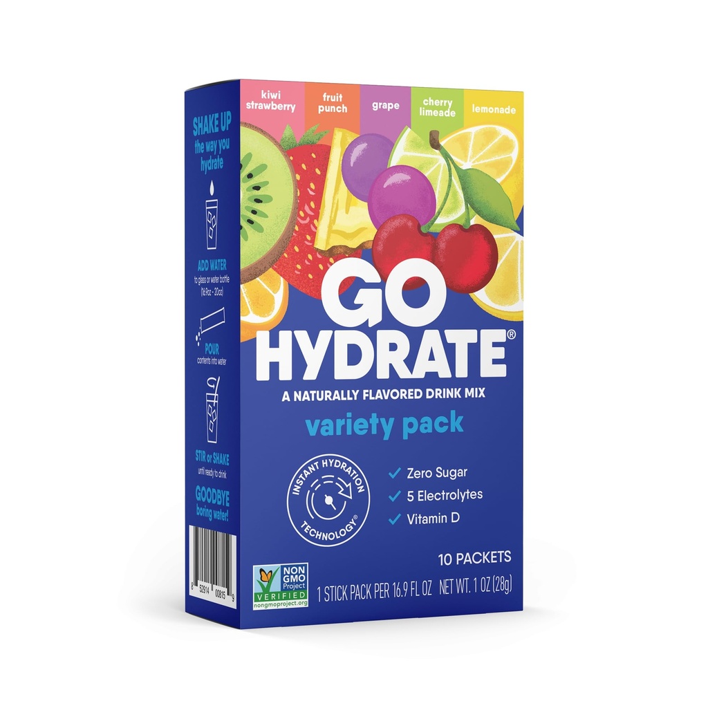 GoHydrate Instant Hydration Powder Packets - Low Sodium Electrolytes Drink Mix - Φυσική Ενυδάτωση Υποστήριξη, Ζάχαρη Δωρεάν Ηλεκτρολύτη Γεύση Σκόνη Ποτό με Βιταμίνη D, 10 συσκευασίες, Μικτή