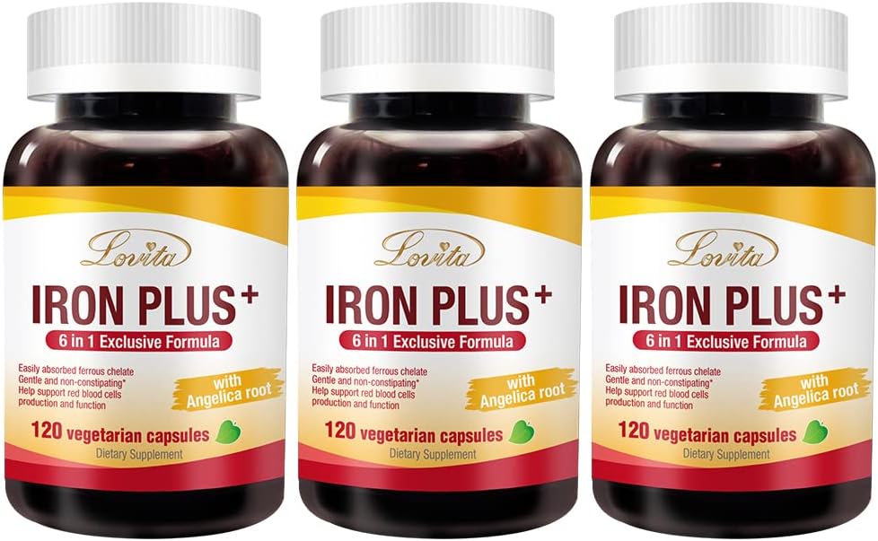 Lovita Iron 18 mg, 6 in 1 Iron Supplement for Women, with Vitamin C, Dong Quai & B12, Vegan Vitamin to Support Red Blood Cell Production Without Constipation, 120 Capsules (Pack of 3)