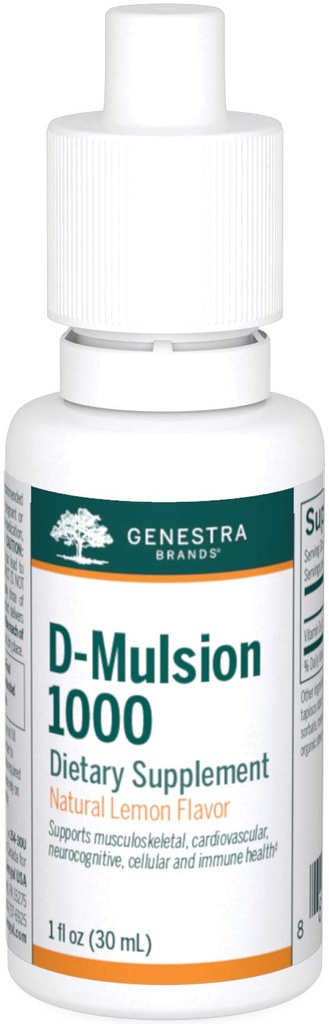Genestra Brands D-Mulsion 1000 - Συμπλήρωμα υγρής βιταμίνης D - Φυσικό άρωμα λεμόνι - 1 Fl Oz