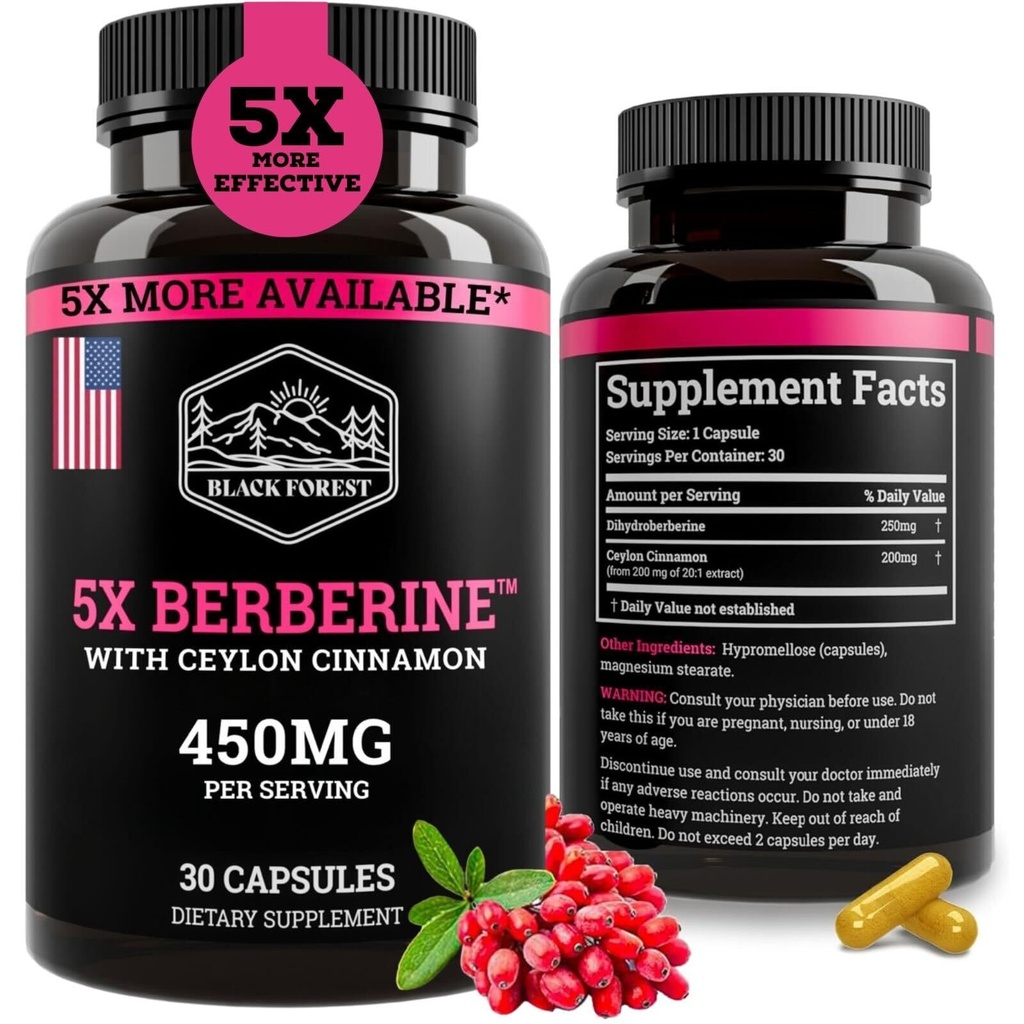 Black Forest 5X Berberine a Dihydroberberine Supplement (Super Berberine Now 5X More Refficient Than Regular Berberine HCL) Καλύτερη Dihydroberberine με Ceylon Cinnamon - Παρόμοια με το berberine Phytosome