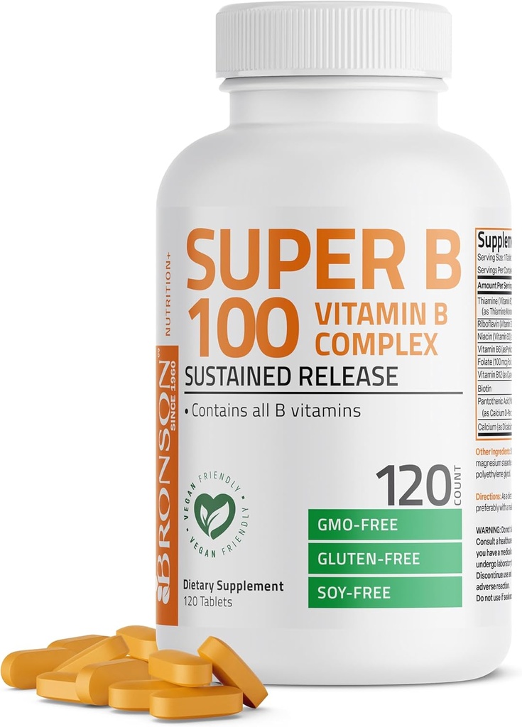 Bronson Super B100 Vitamin B Complex Παρατεταμένη απελευθέρωση Περιέχει όλες τις βιταμίνες Β (βιταμίνη Β1, Β2, Β3, Β6, Β9 - Φολικό οξύ, Β12), 120 δισκία