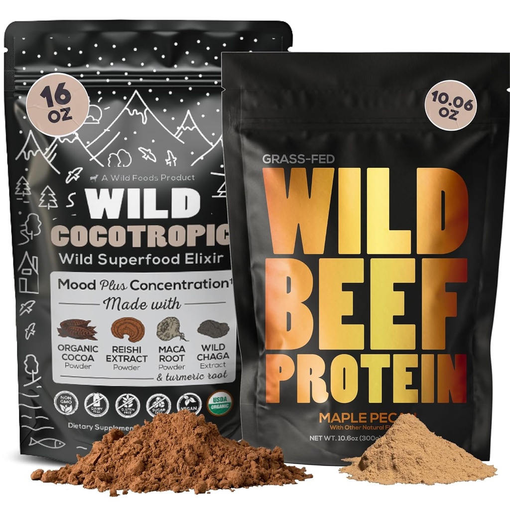 Cocotropic Βιολογικό Mushroom Cacao Mix (16oz) & Grass-Fed Beef Protein Powder (10oz) Bundle for Energy and Nutrition