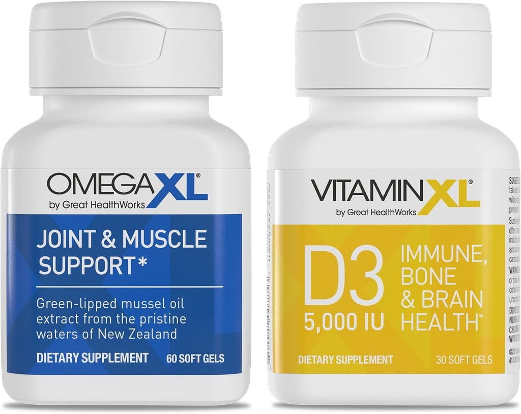 Συμπλήρωμα κοινής υποστήριξης OmegaXL - 60 Softgels & VitaminXL D3 Υψηλής ισχύος καθημερινή βιταμίνη D 5000 IU 125mcg συμπλήρωμα υποστήριξης ανοσοποιητικών (30 Softgels) - 2 συσκευασίες