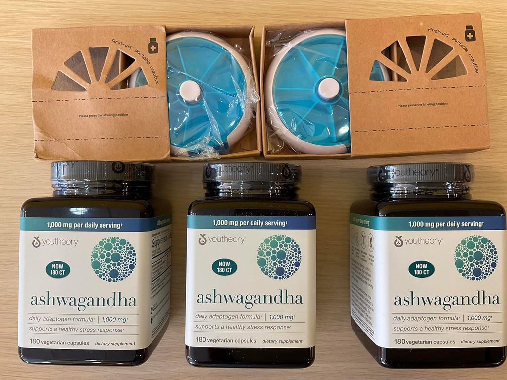 Youtheory Ashwagandha 1000mg με KSM-66 - Βοηθά στην υποστήριξη μιας υγιούς αντίδρασης στρες, 180 κάψουλες (πακέτο των 3) και 2 χάπια Orgnizer