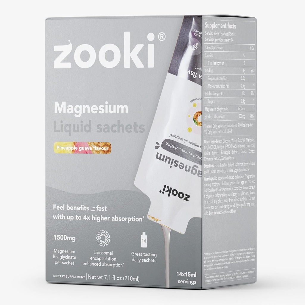 Zooki Λιποσωμικό Μαγνήσιο Γλυκινικό 1500mg Υγρό – 4X Υψηλότερη Απορρόφηση – Μεγάλη Γεύση, Χωρίς Ζάχαρη, Vegan – Εναλλακτικό σε Δισκία Μαγνήσιου Υψηλής Δύναμης – Ύπνος, Άγχος, Μυϊκές Κράμπες (14 Μερίδες)
