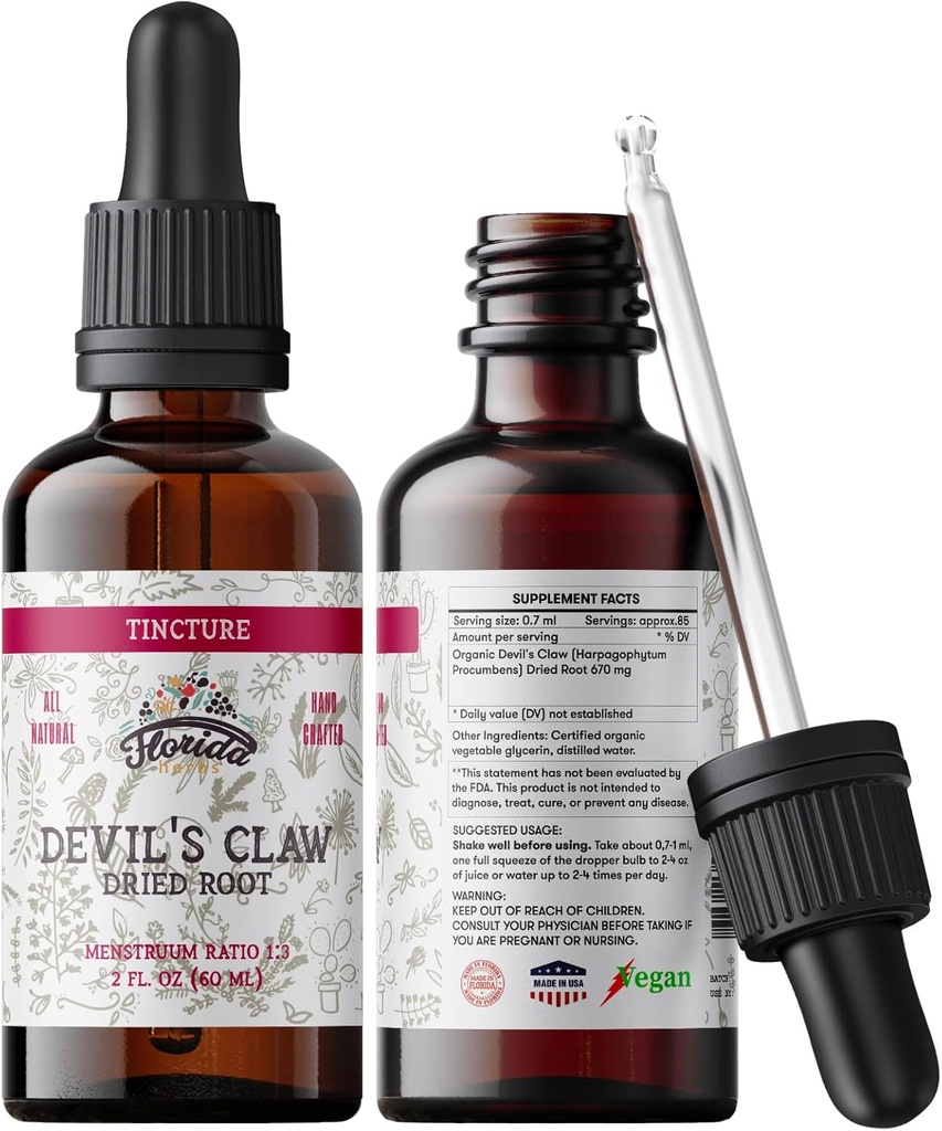 Devil's Claw Tincture Alcohol Free Organic Extract (Harpagophytum Procumbens) Βότανο συμπλήρωμα, Μη ΓΤΟ σε κρύα πίεση Βιολογική Γλυκερίνη, 700 mg, 2 oz (60 ml)