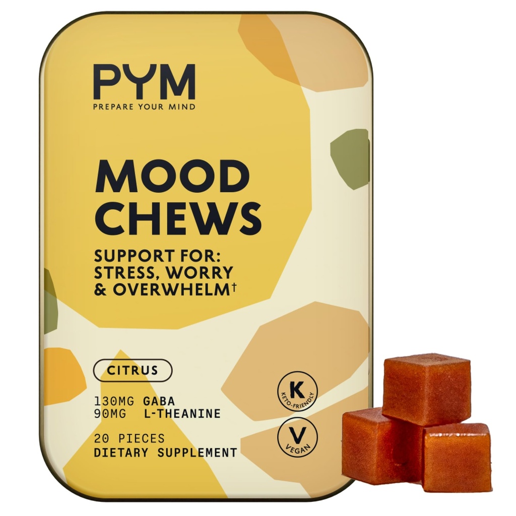 PYM Citrus Mood Chews Support for Stress, Worry & Overwhelm, 20 Count | 130mg GABA, 90mg L-Theanine | Vegan, Non-GMO, Gluten-Free, No Added Sugar | All-Natural Mood Support Supplement Made in USA