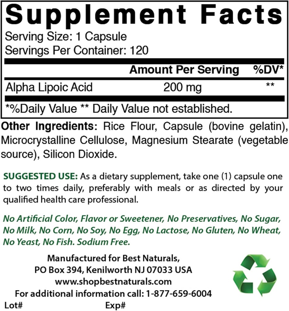 Best Naturals Alpha Lipoic Acid 200 Mg & B-100 Complex