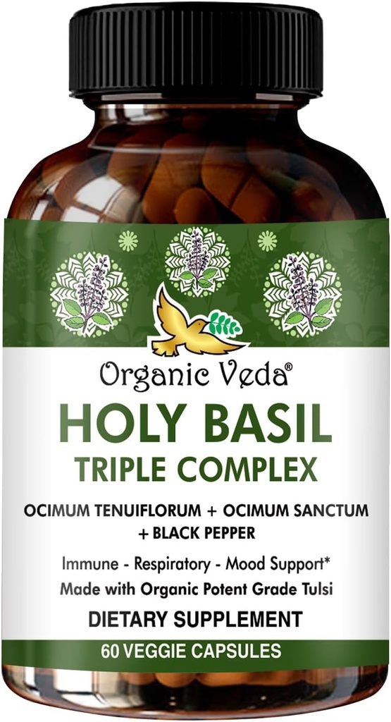 Organic Veda Holy Basil Capses - Triple Complex Tulsi Holy Basil Leaf Extract - Υποστήριξη της αναπνευστικής υγείας, ανοσία - Προάγει την υγιή αντίδραση & διάθεση - Vegan, χωρίς γλουτένη - 60 κόμης