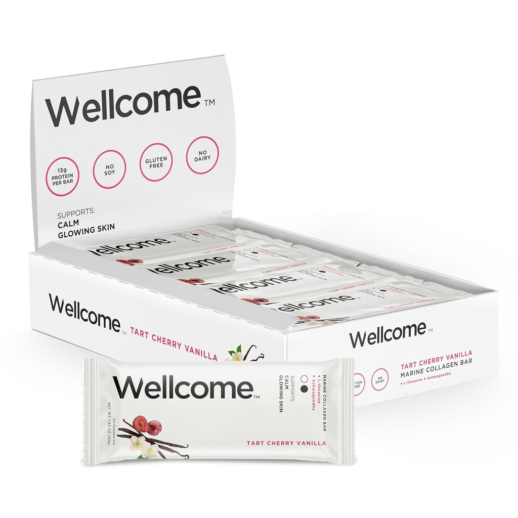 Wellcome Tart Cherry Vanilla Marine Collagen Protein Bar με Ashwagandha και L-Theanine - Adaptogenic Snack Bar - Γαλακτοκομική δωρεάν γραμμή υγείας για Λειτουργικό Ενεργό τρόπο ζωής (πακέτο των 12)