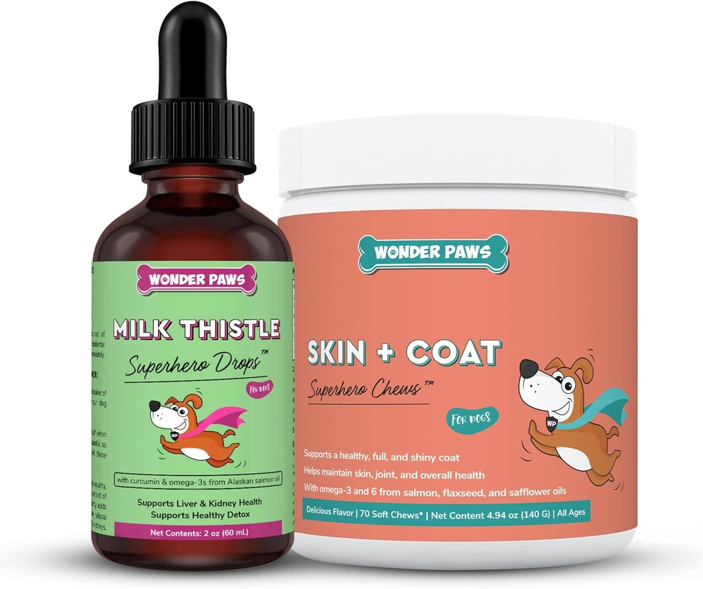 WONDER PAWS milk Thistle Drops Plus Skin + Coat Soft Chews - για σκύλους ήπαρ και νεφρά Υποστήριξη, Detox & Δέρμα και παλτό Υγεία - Γαϊδουράγκαθο γάλακτος 2 ουγγιά - Δέρμα + παλτό 70 μάσημα