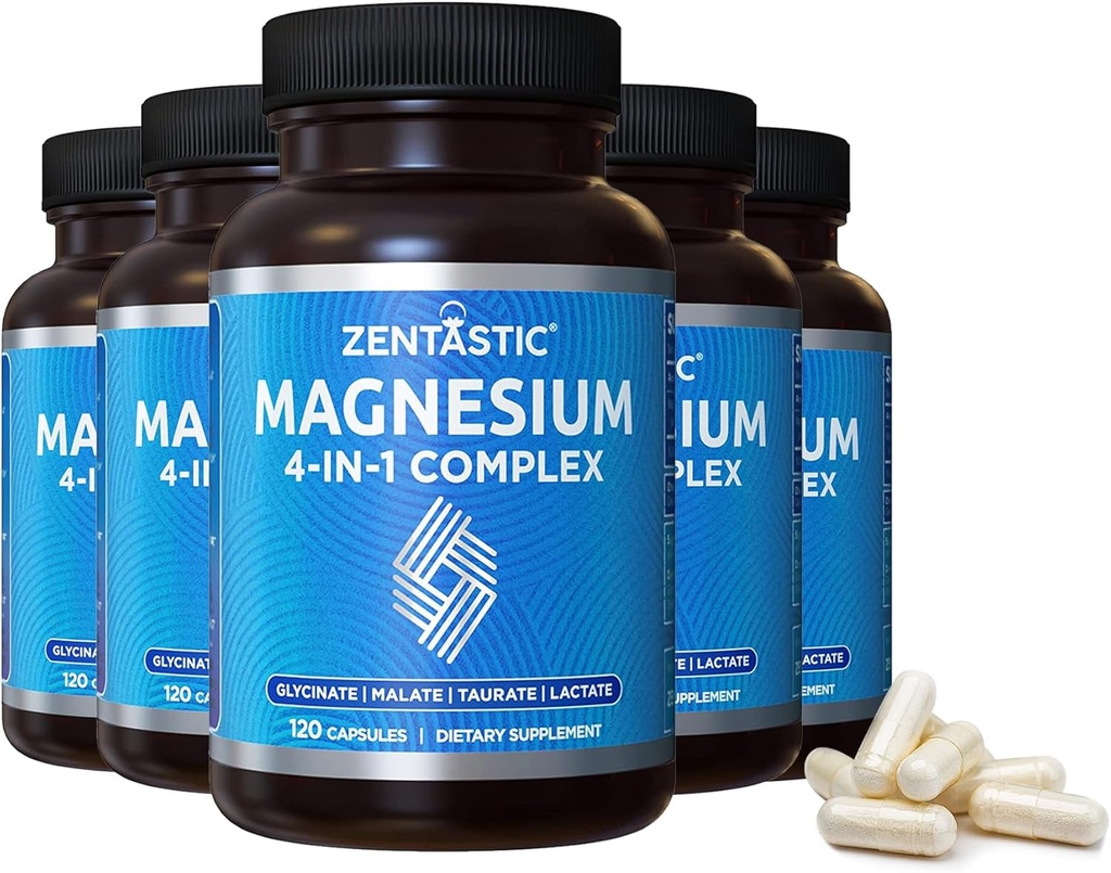 Zentastic Magnesium Complex - 600 Magnesium Capsules - Chelated Magnesium Glycinate, Malate, Taurate & Lactate - Support Bones, Muscles