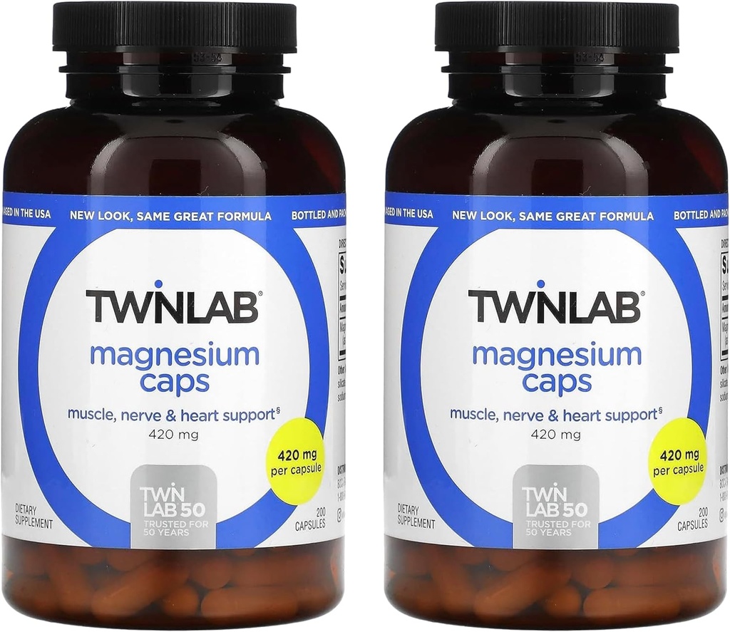 Twinlab Καπάκια Μαγνησίου - Υψηλή Απορρόφηση Συμπλήρωμα Μαγνησίου για την υποστήριξη των κραμπ - Κάψουλες Μαγνησίου για την ανακούφιση του στρες, 420 mg, 200 Count, 2 Pack