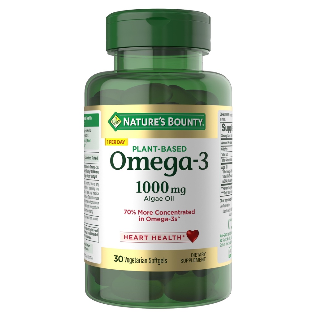 Nature's Bounty Omega 3, Plant-based Omega 3 συμπλήρωμα λιπαρών οξέων, 520mg, υποστηρίζει όλη την υγεία του σώματος συμπεριλαμβανομένης της καρδιάς, του δέρματος, των αρθρώσεων, 30 χορτοφαγικά Softgels, Fish Oil Εναλλακτική