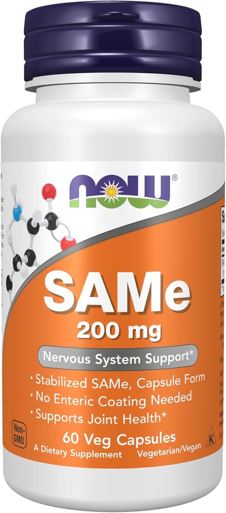 NOW Foods Supplements, SAMe (S-Adenosyl-L-Methionine)200 mg, Nervous System Support*, 60 Veg Capsules