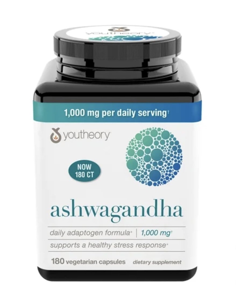 Youtheory Ashwagandha 1000mg με KSM-66 - Βοηθά στην υποστήριξη μιας υγιούς αντίδρασης στρες,180 κάψουλες (πακέτο του 1)