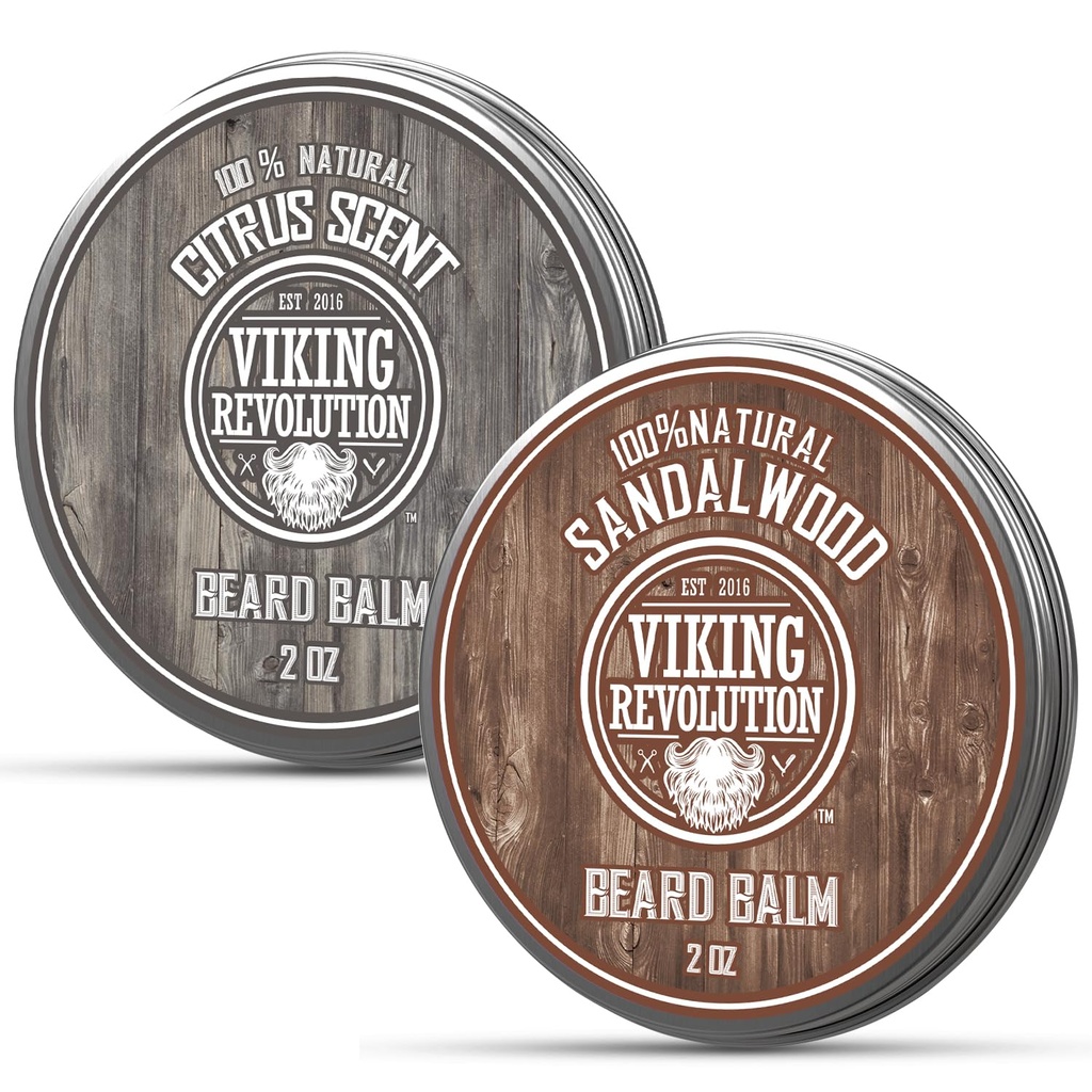 Viking Revolution Citrus and Sandalwood Beard Balm - Βούτυρο με λάδι Argan, Μαλακτικό με λάδι Jojoba, Ενυδατικό με κερί μέλισσας - Κερί για άνδρες με βούτυρο Mango (2oz, 2 Pack)