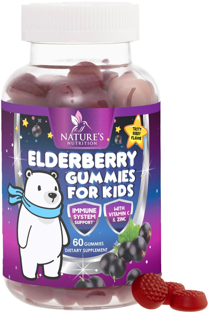 Παιδική Ανοσολογική Υποστήριξη Gummies Elderberry - Καθημερινή Παιδικές Βιταμίνες C, Ψευδάργυρος & Παιδιά Ανοσία Υποστήριξη Gummy - Nature's Sambucus Elderberry Supplement, Vegan, Gluten-free, Nasty Berry Flavor - 60 Gummies