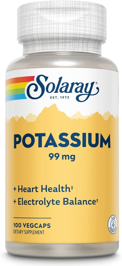Solaray Pastium 99 mg - Ηλεκτρολυτικό Υπόλοιπο Φόρμουλα - Συμπλήρωμα Καλιολίου για Ηλεκτρολύτες, Αγγειοκαρδιακή και Καρδιακή Υγεία - 60-Ημέρα Εγγύηση Επιστροφής Χρημάτων, Εργαστήριο Επαληθευμένο, 100 Υπηρεσίες, 100 VegCaps