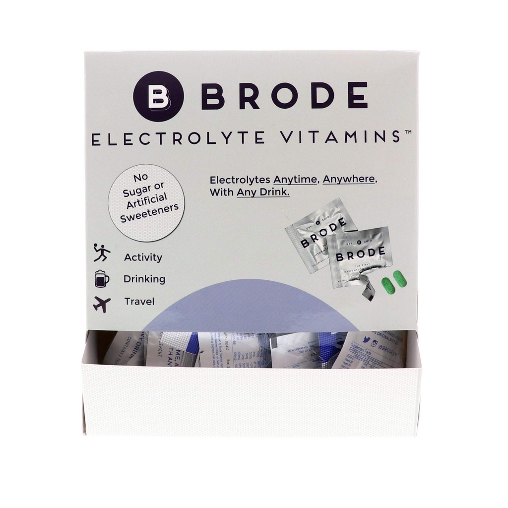 Brode Electrolyte Vitamin - Φορητά Zero- Sugar Electrolyte Tablets - για σπορ, νυχτερινή ζωή, Jet Lag, 5 Essential Electrolytes + 9 Βιταμίνες 100-Packets