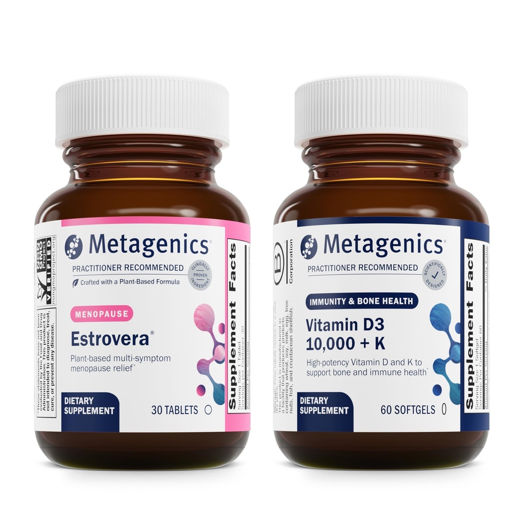 Μεταγονική Εμμηνόπαυση Duo: HerWellness Estrovera - Όλα-φυσικά, χωρίς ορμονική εμμηνόπαυση συμπλήρωμα υποστήριξης - 30 δισκία & βιταμίνη D3 10.000 + K - για την υγεία των οστών & καρδιάς - 60 Softgels